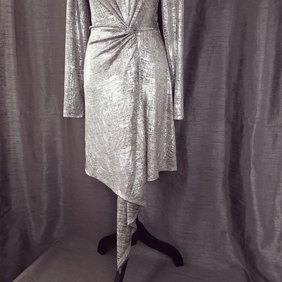 Gabrielle Union NY&CO Silver Metallic Long Sleeve Draped Dress Size Medium - Picture 3 of 5
